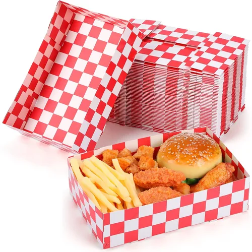 Norme 50 bandejas desechables de cartón rojo a cuadros de 8.6 x 5.5 x 2.3 pulgadas, contenedor de papel para servir aperitivos, 4 esquinas