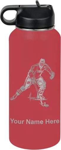 Miniatura 30 de LaserGram Botella de agua personalizada, jugador de hockey, acero inoxidable de doble pared aislada al vacío con popote superior, regalo grabado