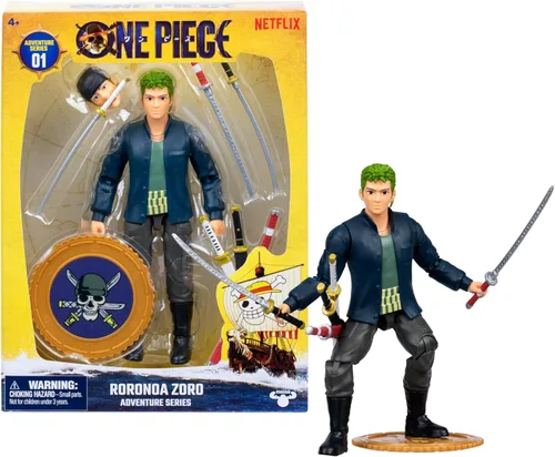 One Piece Zoro - Figura de acción de 6 pulgadas con 5 accesorios. Incluye espadas intercambiables, soporte de espada, cara intercambiable y base de