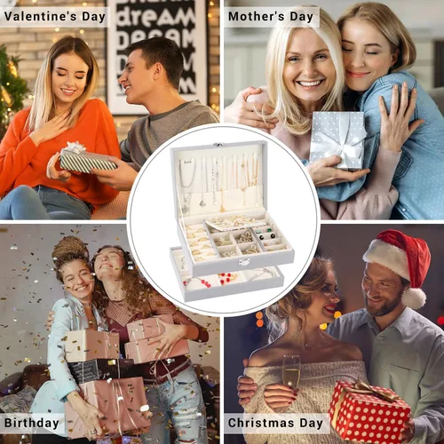 Miniatura 7 de LOMEVE Joyero con bandeja extraíble, organizador de joyería de piel sintética para mujeres y niñas, 2 capas organizador de joyas para collares