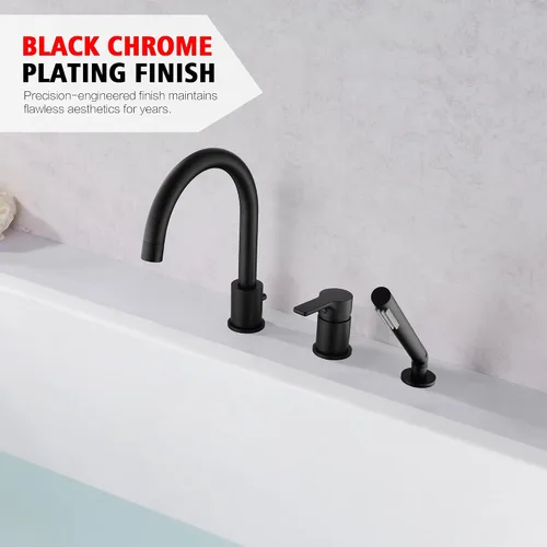 Miniatura 5 de SUMERAIN Grifo de bañera romano negro mate 3 agujeros de montaje en cubierta grifo de bañera con rociador de ducha de mano
