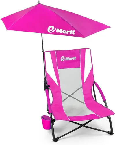 Miniatura 11 de EMERIT Sillas de playa bajas para adultos con paraguas extraíble UPF 50+, mochila plegable ligera silla de camping con soporte para tazas, silla