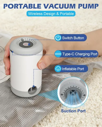 Miniatura 4 de Fantictas Travel Vacuum Storage Bags with Rechargeable Air Pump, 10 Pack Portable Space Saver Bags, Compression Bags for Clothing, Bedding, Seasonal