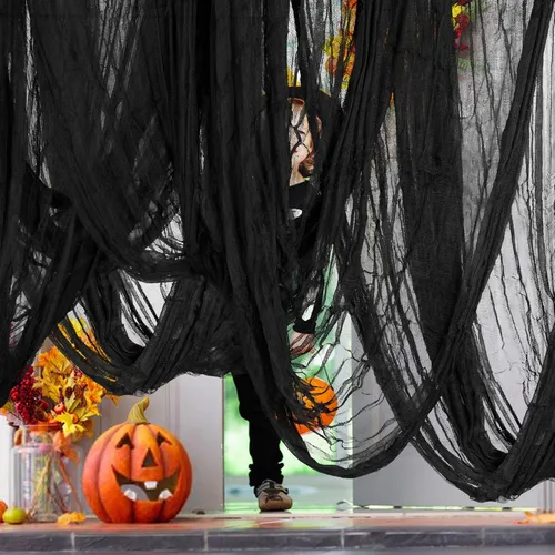 Alpurple 6 piezas de tela espeluznante de Halloween, 30 x 72 pulgadas, tela espeluznante negra aterradora, tejido suelto y espeluznante gasa Negro