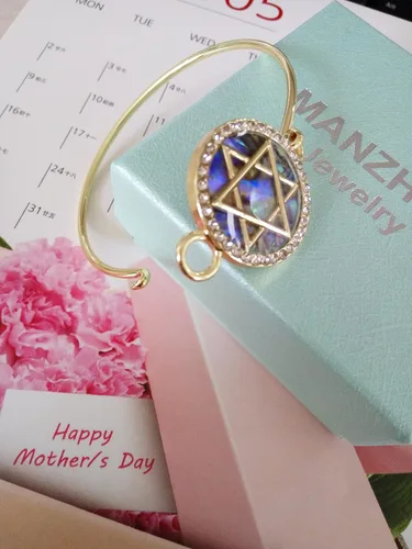 Miniatura 5 de MANZHEN Pulsera de cristal con diseño de estrella de David de abulón con dije judío