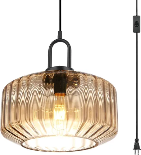 Miniatura 20 de Lámpara colgante de globo de vidrio enchufable, lámpara colgante moderna de mediados de siglo con cable de 14.7 pies, pantalla de vidrio a rayas