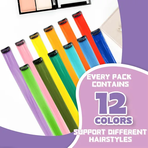 Miniatura 2 de 12 extensiones de cabello con pinza de colores de 20 pulgadas arcoíris largas y lacias de BEAHOT, piezas de cabello sintético para clip, disfraz