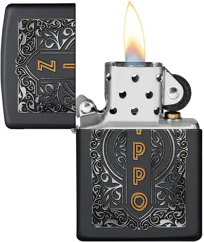 Miniatura 3 de Encendedor de bolsillo Zippo negro mate con diseño de logo de Zippo Logotipo de oro mate negro