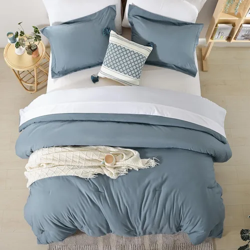 Miniatura 6 de weigelia Juego de edredón tamaño King, edredón azul polvoriento con 2 fundas de almohada, 7 piezas, color azul, juego de ropa de cama King para Azul