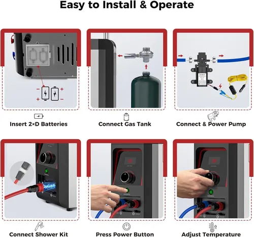 Miniatura 6 de CAMPLUX Nano 3 Calentador de agua portátil de propano con kit de bomba, diseño compacto y ligero, cables de bomba de conexión rápida y mangueras