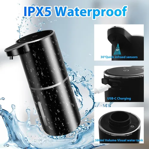 Miniatura 5 de Paquete de 2 dispensadores automáticos de jabón espumoso, 12.8 onzas, 12.8 fl oz, recargable por USB, dispensador eléctrico de jabón de manos de 4