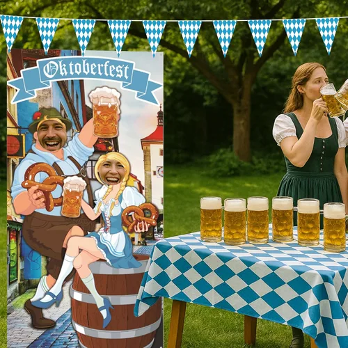 Miniatura 6 de Iceyyyy Juego de accesorios para fotos de Oktoberfest – 6 x 3.3 pies para el Oktoberfest para puerta de fotos y telón de fondo y 22 pies de bandera