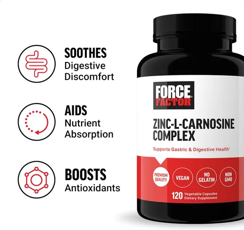 Miniatura 2 de Force Factor Cápsulas de zinc L-carnosina para apoyar la salud gástrica y digestiva, suplemento para la digestión y la hinchazón, vegano, sin OMG
