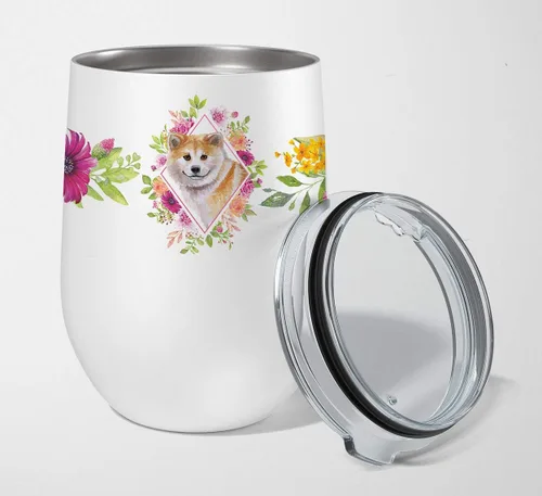 Miniatura 84 de Caroline's Treasures CK4110TBL12 Afghan Hound Pink Flowers - Vaso de vino aislado de acero inoxidable de 12 onzas con tapa, bonita taza de viaje