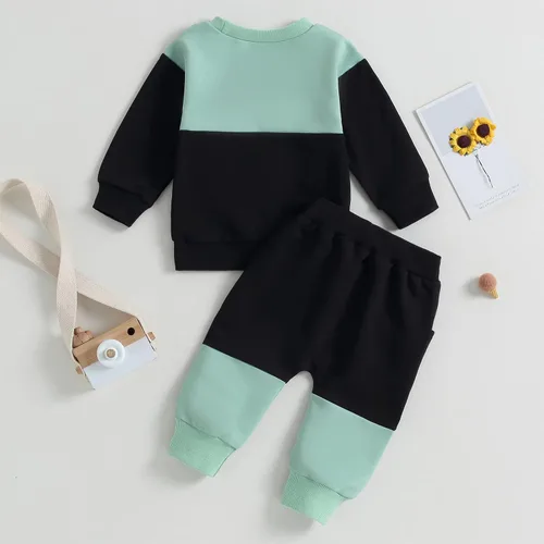 Miniatura 3 de Conjunto de ropa de otoño e invierno para bebé niño pequeño, sudadera de manga larga con colores contrastantes, pantalones elásticos para recién