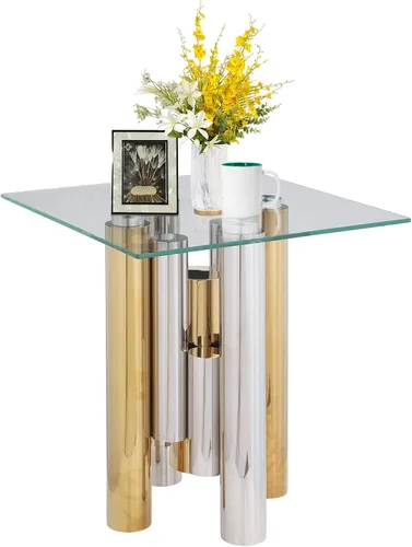 Miniatura 24 de Mesa de centro de vidrio templado de 31.5 pulgadas, moderna mesa de té dorada de 2 niveles con estante inferior, mesas centrales de lujo con marco