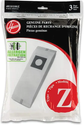 Hoover Bolsas de aspiradora para aspiradoras verticales, paquete de 3, blancas, filtración de alérgenos tipo Z, parte 4010100Z, repuesto de bolsas