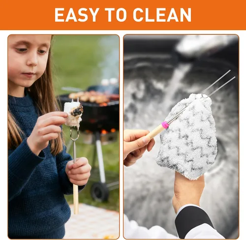 Miniatura 5 de Smores Sticks para hoguera, palos para asar malvaviscos de 32 pulgadas, tenedores extensibles de acero inoxidable con asas de madera, kit de 8