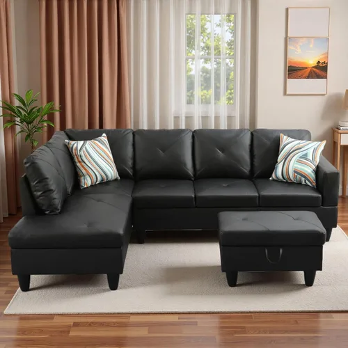 Miniatura 15 de Sofá modular de cuero en forma de L de 3 piezas – Sofá modular convertible con diván móvil y otomana de almacenamiento, uso multiescenario para sala