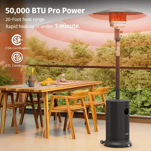 Miniatura 2 de EAST OAK Calentador de patio de 50,000 BTU para uso al aire libre con diseño de mesa redonda, quemador de acero inoxidable de doble capa, ruedas