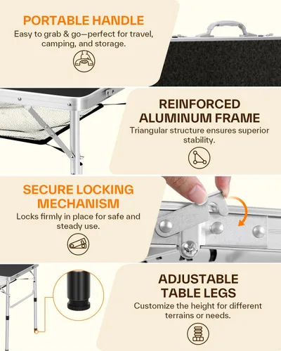 Miniatura 5 de Mesa plegable Sportneer: Accesorios de camping de altura ajustable 90 cm de largo x 60 cm de ancho 2 alturas con capa de malla - Mesa plegable