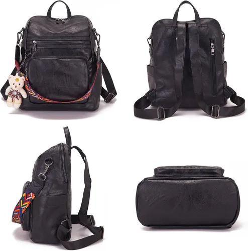 Miniatura 3 de Qiyuer Mochila de piel sintética para mujer, bolso de hombro convertible de viaje para mujer, color negro