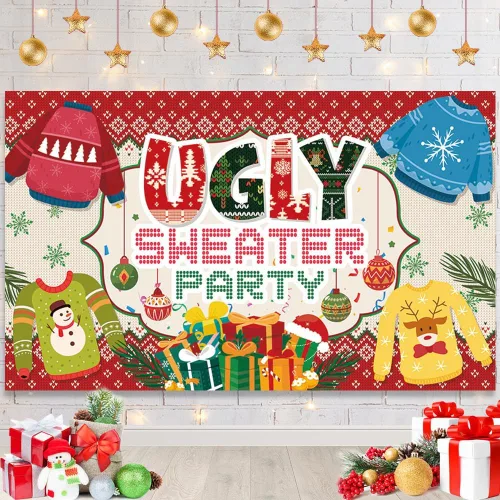 AIBIIN Telón de fondo de fiesta de suéter feo para suéter de Navidad, decoración de fiesta, invierno, niños, fotomatón, pancarta de 6 x 3.6 pies