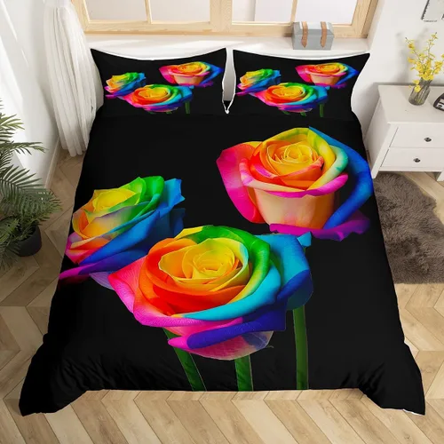Miniatura 3 de Juego de funda de edredón con diseño floral de rosas arcoíris para niños, niñas y mujeres, funda de edredón colorida para parejas, enamorados, día