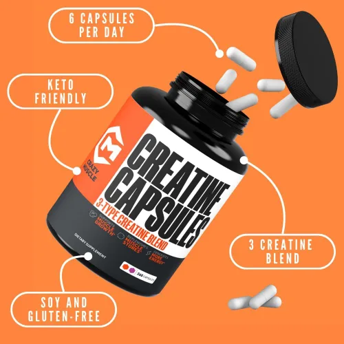 Miniatura 2 de Crazy Muscle Cápsulas de Creatina, 5g de Ganador de Masa a Granel Pre Entreno ThreeAtine Premium 3X, Alta Absorción Fácil de Tomar Monohidrato