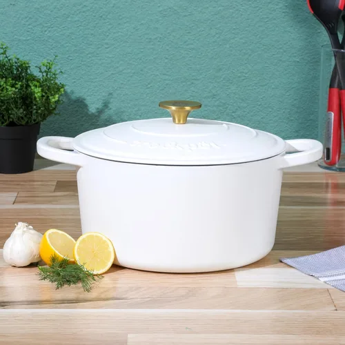 Miniatura 3 de Crock Pot Artisan - Olla holandesa redonda esmaltada europea de 6 cuartos de galón con tapa - Blanco lino mate con perilla dorada Blanco de lino
