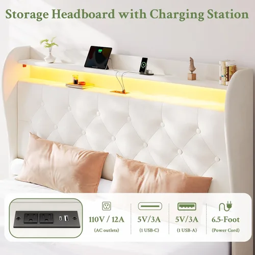Miniatura 3 de Base de cama tamaño King con cabecera alta, base de cama tapizada con estación de carga y luces LED, moderna cabecera de almacenamiento con respaldo