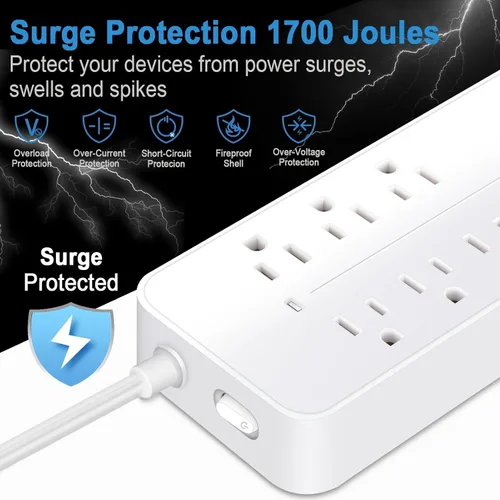 Miniatura 6 de Protección contra sobretensiones de 5 pies con cable plano de extensión, regleta de alimentación con enchufe plano listada por ETL, 8 tomas de CA, 4