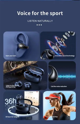 Auriculares Bluetooth con clip de oreja abierto, Bluetooth 5.3, micrófono integrado, 36 horas de reproducción, conducción ósea, auriculares