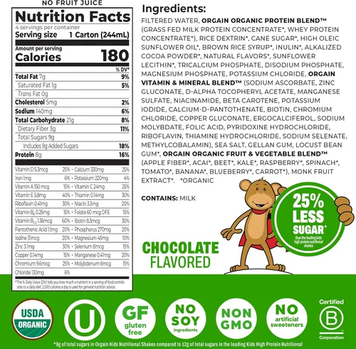 Miniatura 7 de Orgain Organic Kids Protein Batido Nutricional, Chocolate - 8g de Proteína, 22 Vitaminas y Minerales, Frutas y Verduras, Sin Gluten, Sin Soja, Sin