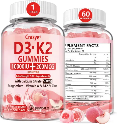 Gomitas de vitamina D3 K2, 10000 UI con 500 mg de calcio, magnesio, zinc, sin azúcar, ADK+vitamina B12, suplementos para mujeres y hombres, huesos,