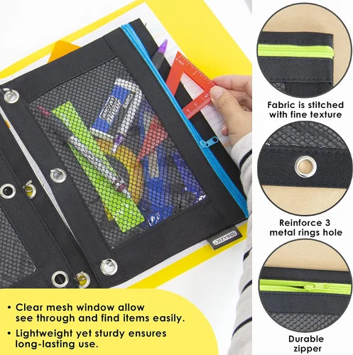 Miniatura 3 de BAZIC Products Noir Neon - Estuche para lápices de 3 anillos con ventana de malla, construcción duradera, para carpetas escolares, caja de 24