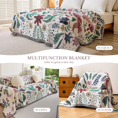 Miniatura 3 de VANJOROY Cobija fina bohemia, 100% algodón tejido a mano sudoccidental con decoración floral de granja reversible, cobija para todas las estaciones