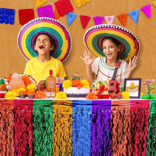 Miniatura 4 de Decoraciones de fiesta Mega-L, paquete de 2 decoraciones de fiesta de tacos Cinco de Mayo, faldas de mesa onduladas de oropel metálico con flecos