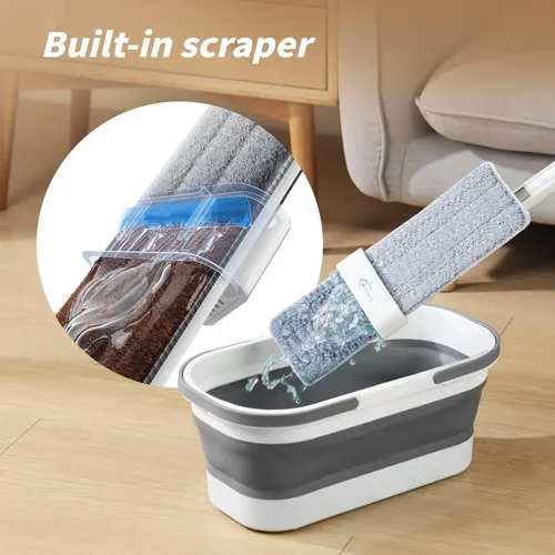 Miniatura 2 de Oshang Trapeador plano y cubo plegable OG7 con ruedas, 2 almohadillas de microfibra lavables reutilizables, color blanco puro