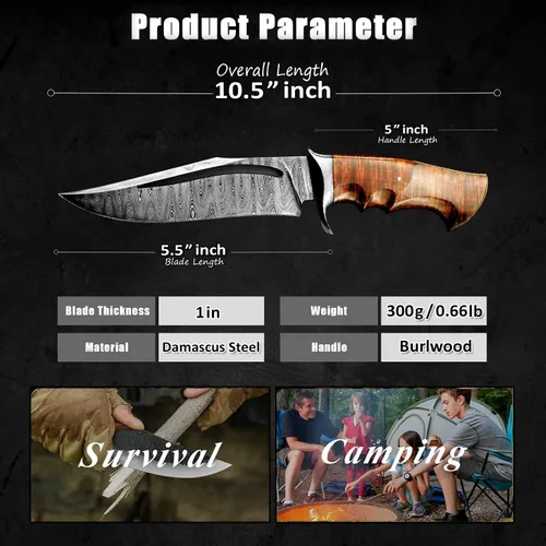Miniatura 7 de Cuchillo de caza de Damasco hecho a mano con funda de piel Ideal para despellejado, camping, senderismo, actividades al aire libre Cuchillo