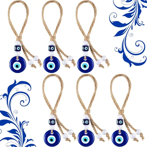 Hicarer 6 dijes de cuentas de ojo turco azul turco para manualidades, cuentas de vidrio, adorno colgante de pared con cuerdas para llavero,