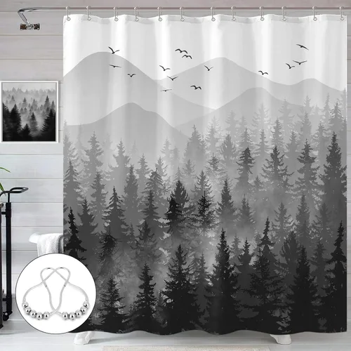 Miniatura 10 de Accnicc Juego de cortinas de ducha con diseño de bosque nebuloso, naturaleza, montaña, pino, cortinas de ducha para baño, ombre verde salvia blanco