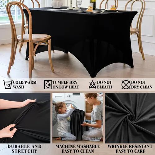 Miniatura 3 de Famstar Paño de Mesa Negro de 4 Pies de Elastano, Paño de Mesa Ajustado para Mesas Rectangulares, Fundas Elásticas Lavables Sin Arrugas