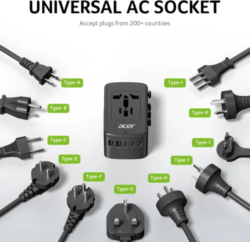 Miniatura 4 de Acer Adaptador de enchufe de viaje universal - Adaptador de corriente internacional con 5 puertos USB (3 USB C) 5.8A, cargador de salida mundial