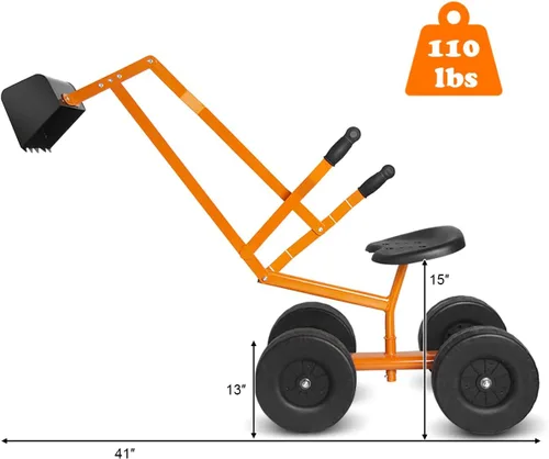 Miniatura 7 de Costzon Excavadora de arena para niños, excavadora de cuchara de excavación de acero resistente con asiento giratorio de 360°, 4 ruedas engrosadas