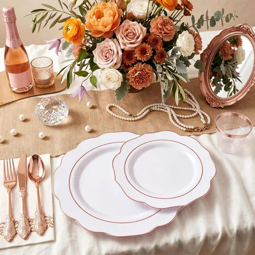 Miniatura 6 de NOCCUR 175 platos de plástico color oro rosa con cubiertos desechables, incluye 25 platos de cena, 25 platos de postre, 25 tenedores, 25 cuchillos