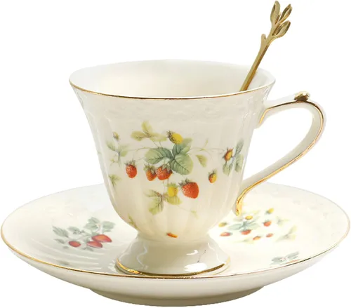 Miniatura 8 de Juego de taza de té y platillo de porcelana, taza de café de cerámica de 8.5 onzas líquidas con platillo y cuchara, taza de café vintage con ribete