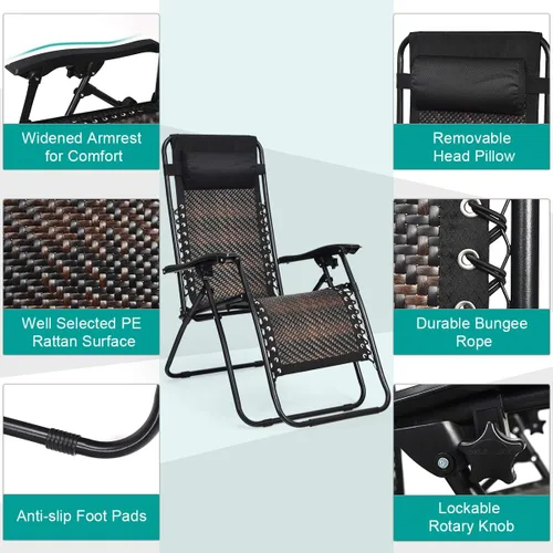 Miniatura 7 de Tangkula Sillón de ratán de gravedad cero, silla de descanso plegable para exteriores con almohada extraíble para la cabeza, salón ajustable