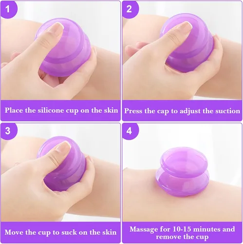 Miniatura 3 de Geiserailie Juego de terapia de ventosas de silicona, tazas de masaje de ventosas, taza de terapia china profesional, para el nervio muscular Púrpura