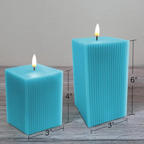 Miniatura 3 de Velas sin llama azul turquesa con control remoto, velas LED cuadradas acanaladas que funcionan con pilas, juego de 2 velas de cera real parpadeante